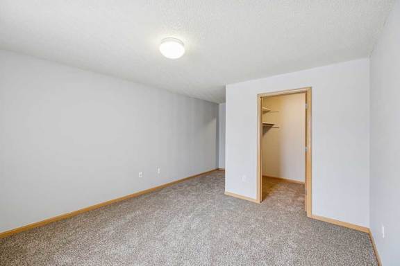 A room with a carpeted floor and a doorway leading to another room.