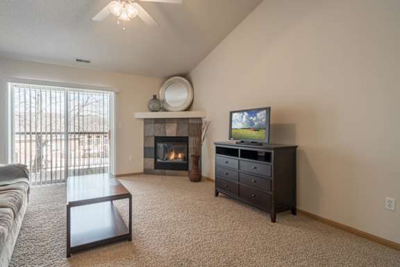 A living room with a fireplace, television, and a couch.