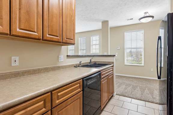 Apartment kitchen with wood cabinets, black dishwasher, double sink, tile flooring, and open living area.