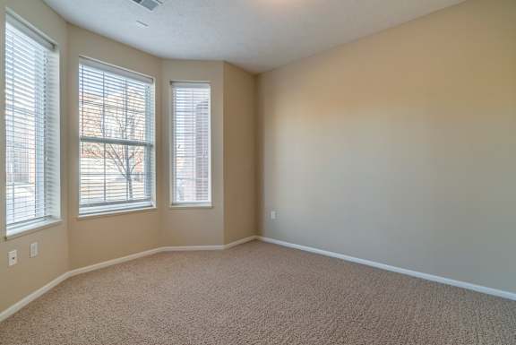A room with carpeted floor and two windows.