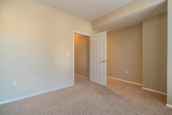A room with a white door and carpeted floor.