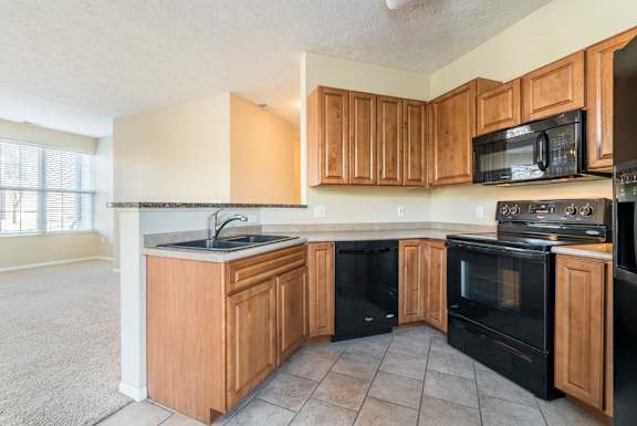 A kitchen with black appliances and wooden cabinets.