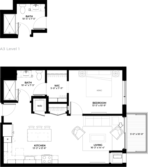 Basswood floor plan with 1 bedroom and 1 bathroom at The Rowan luxury residences in Eagan MN 55122