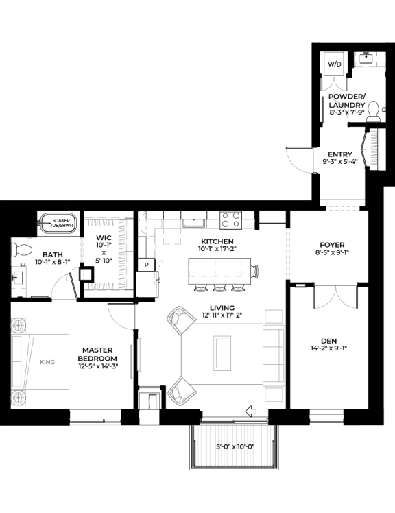 Elm floor plan with 1 bedroom and 2 bathrooms at The Rowan luxury residences in Eagan MN 55122