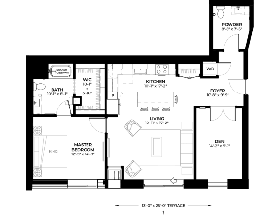 Hawthorn floor plan with 1 bedroom and 2 bathrooms at The Rowan luxury residences in Eagan MN 55122