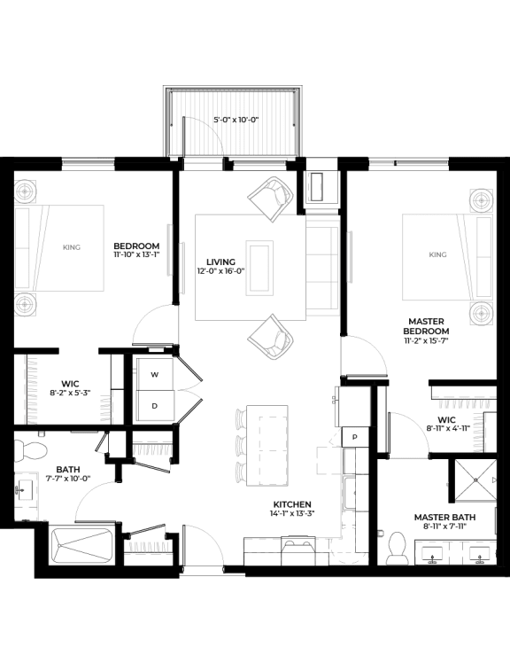 Pine floor plan with 2 bedrooms and 2 bathrooms at The Rowan luxury residences in Eagan MN 55122
