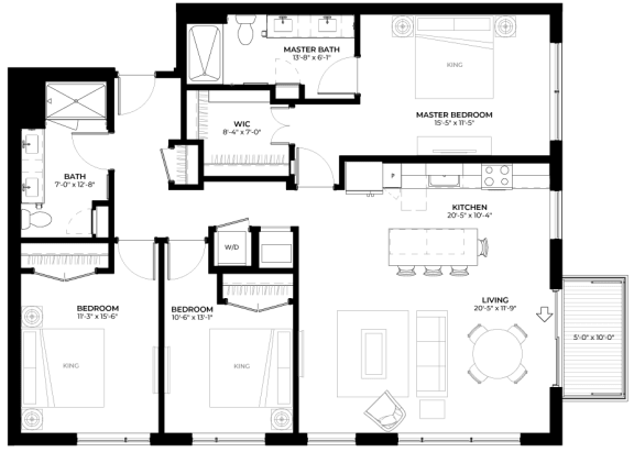 Redwood floor plan with 3 bedrooms and 2 bathrooms at The Rowan luxury residences in Eagan MN 55122