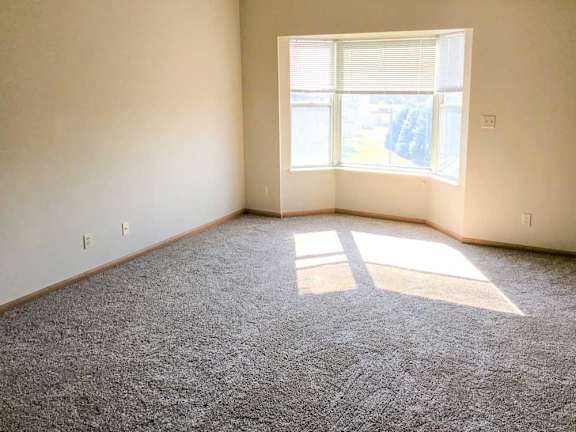 a living room with a carpeted floor and a window letting in sunlight