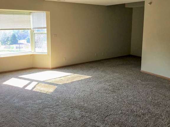 a living room with a carpeted floor and a window letting in sunlight