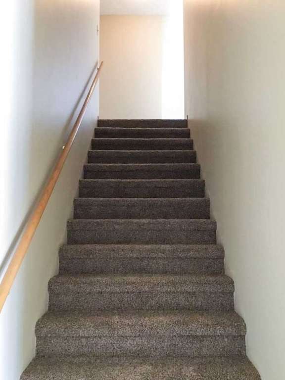 a staircase with a wooden handrail and carpeted steps