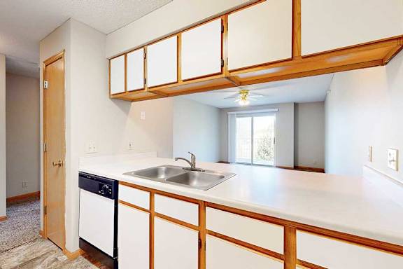 Open kitchen counter with double sink and upper cabinets, connecting to the apartment living area.
