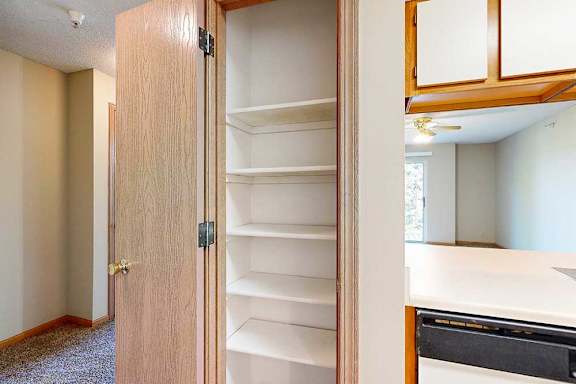 Built-in pantry with multiple shelves, adjacent to the kitchen and living area.