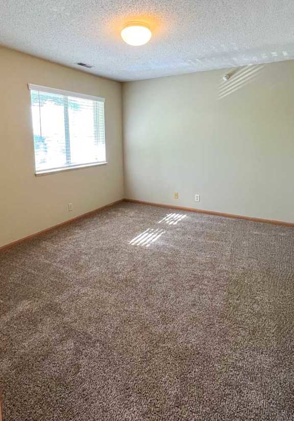 a bedroom with a carpeted floor and a window