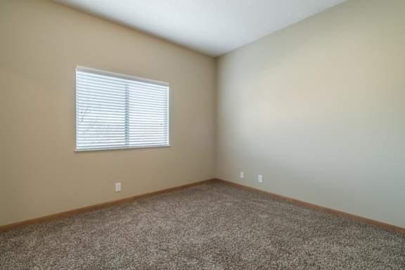 A room with a carpeted floor and a window with blinds.