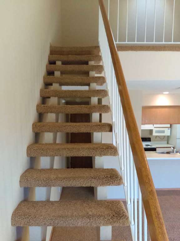 a carpeted staircase with a wooden handrail