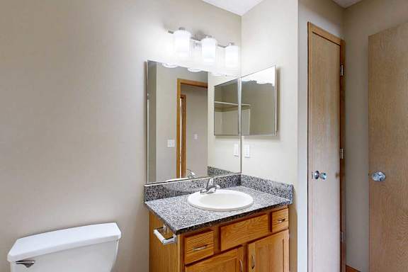 Bathroom vanity with granite-style countertop, single sink, wood cabinets, and large mirror with three-light fixture.