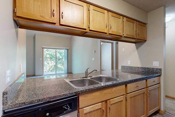 Kitchen breakfast bar with double-basin sink, wood cabinetry, and pass-through opening to the living area and balcony.
