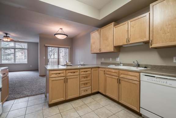 A kitchen with wooden cabinets and a white dishwasher.