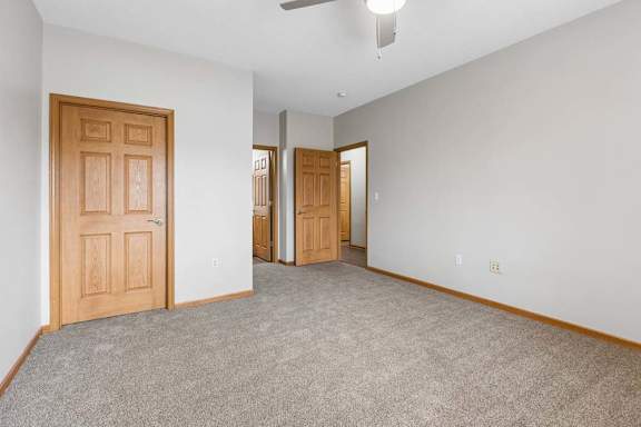 Spacious bedroom with carpet flooring, ceiling fixture, and closet access.