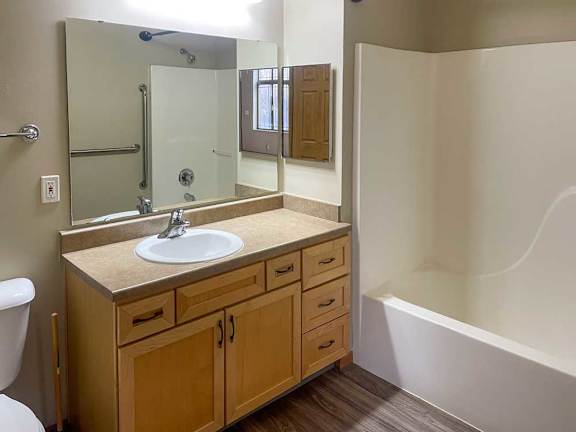 a bathroom with a sink, mirror, and tub shower