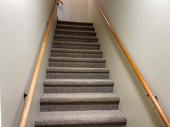 a carpeted staircase with two wooden handrails
