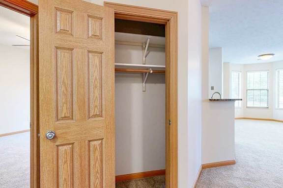 A closet in the hallway next to the living room, with built-in shelving.