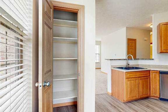 A kitchen with a pantry with several shelves, a large window for natural light, and wooden cabients.