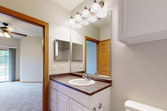 A bathroom with a vanity, mirror, and medicine cabinet.