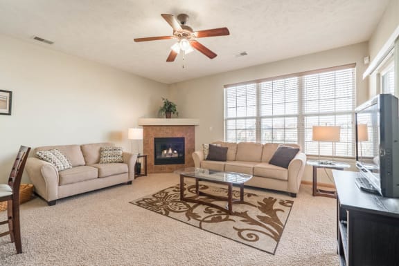 a living room with two couches and a fireplace