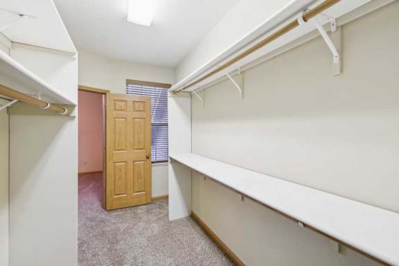 Spacious walk-in closet with built-in shelving, double hanging rods, and carpeted flooring.