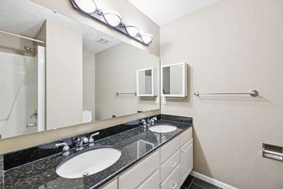 Double-sink bathroom vanity with granite countertop, large wall mirror, and modern light fixture.