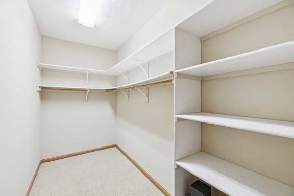 Walk-in closet with built-in shelving, multiple hanging rods, and carpet flooring for organized storage.
