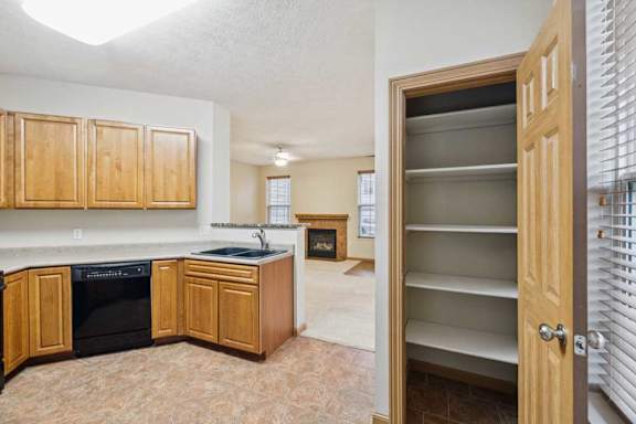 Kitchen with open pass-through to living area and adjacent pantry closet with built-in shelving.