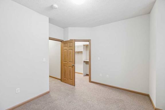Bedroom with walk-in closet access and neutral carpeted flooring.