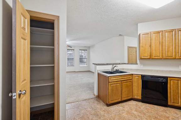 Pantry closet with built-in shelving off the kitchen and open view to living area.