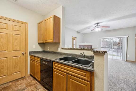Kitchen with double-basin sink, black dishwasher, raised breakfast bar, and open view into the living room with fireplace and balcony access.