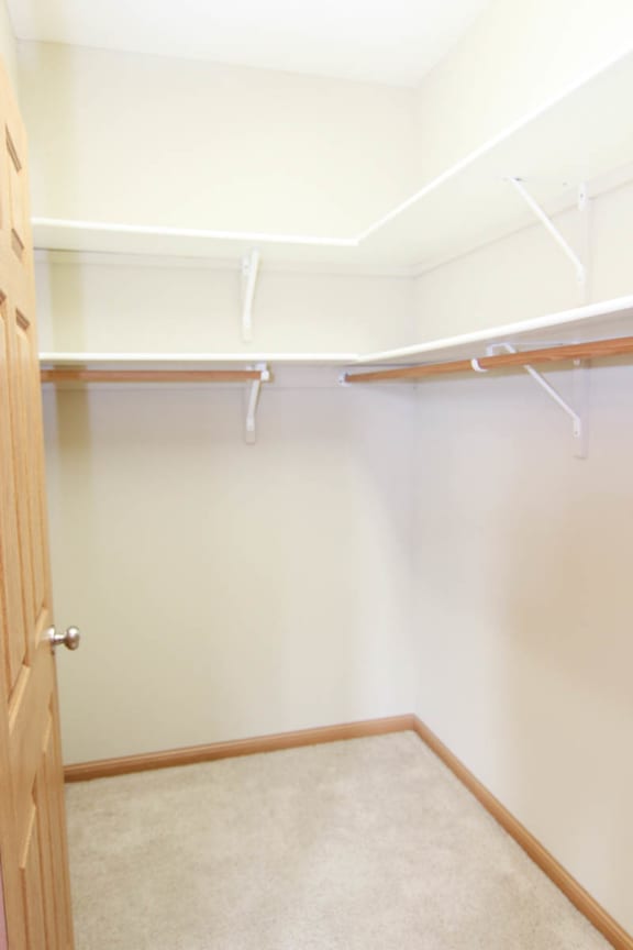 a walk in closet with white walls and a wooden door