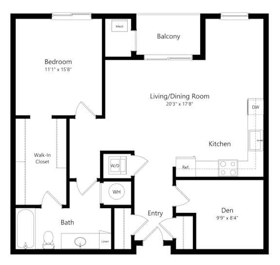 a 2D floorplan of the 1-bedroom Bostwick with Den at The Conrad in Omaha, NE 68105
