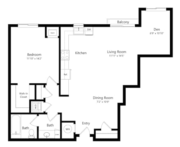 The Conrad - One-Bed Breckenridge with Den Floorplan a 2D floorplan of the 1-bedroom Breckenridge with Den at The Conrad in Omaha, NE 68105