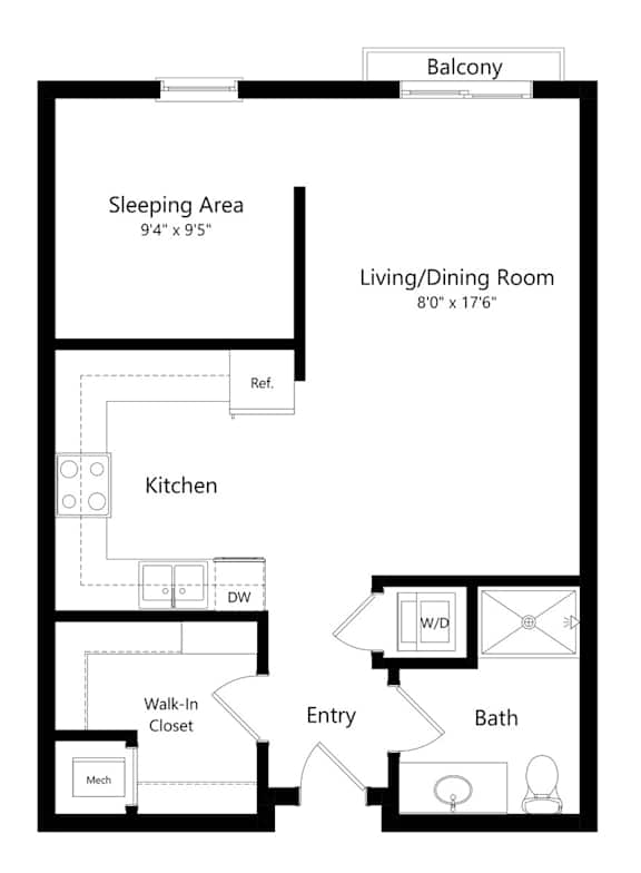 a 2D floorplan of the studio Durham at The Conrad in Omaha, NE 68105