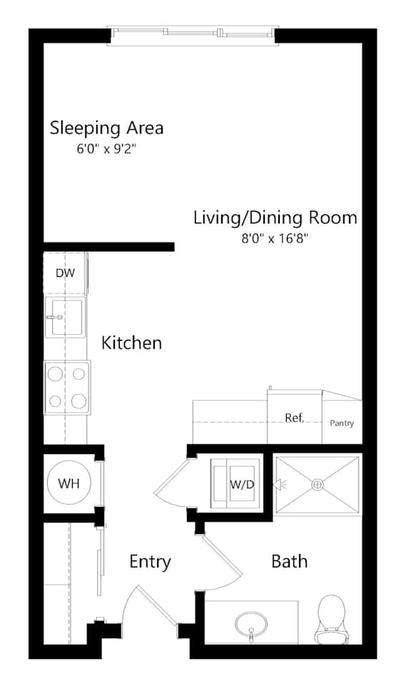 a 2D floorplan of the studio Logan with a privacy wall at The Conrad in Omaha, NE 68105