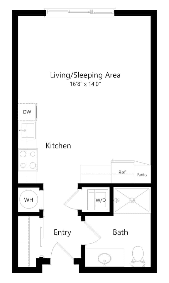 a 2D floorplan of the studio Logan without a privacy wall at The Conrad in Omaha, NE 68105