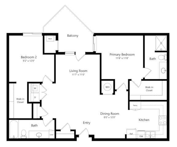 a 2D floorplan of the 2-bedroom Metz at The Conrad in Omaha, NE 68105
