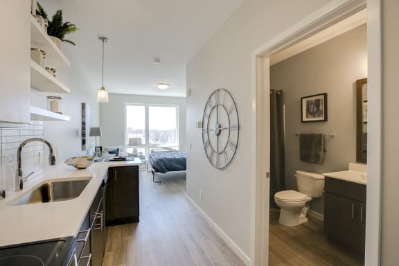 Kitchen with white subway tile at The Central apartments near downtown Minneapolis MN 55408
