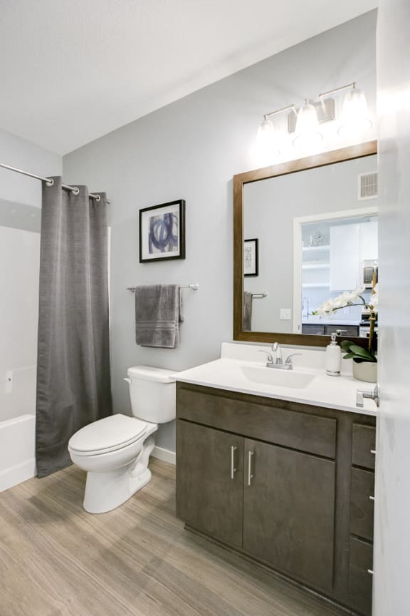 Quartz bathroom countertops with hardwood-style flooring at The Central apartments near downtown Minneapolis MN 55408