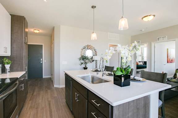 Kitchen island at The Central apartments near downtown Minneapolis MN 55408