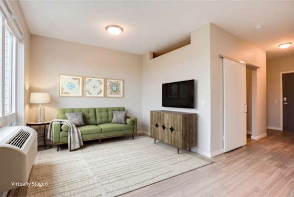 A living room with a green couch and a television.