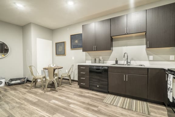 Pet-friendly apartment with dark cabinetry at The Conrad in the Blackstone District in Omaha