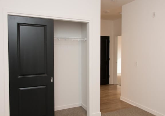 A black door is open to a closet