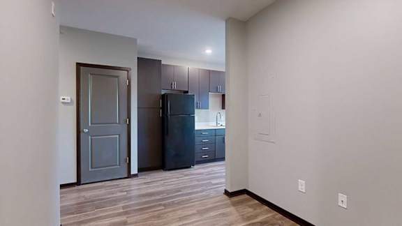 a view of the kitchen with dark cabinets from the sleeping area